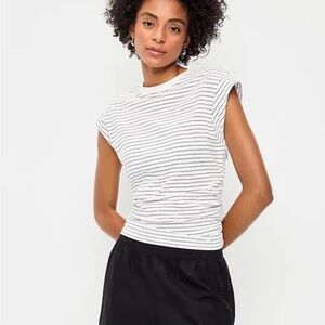Striped White and Navy Cap-Sleeve Cinch-Waist Top